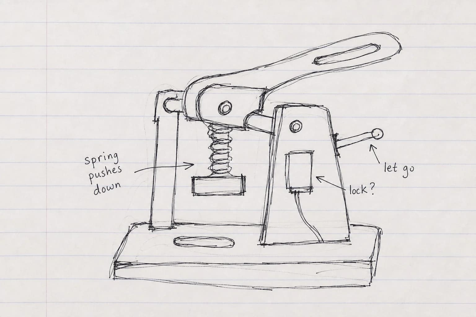 A rough hand-drawn sketch of a benchtop spring-loaded clamp